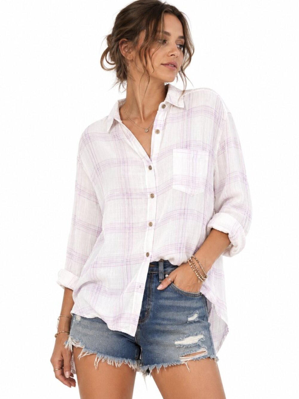 Free People No Limits Linen Blend Plaid Button Up Shirt Pink Boho Women's S